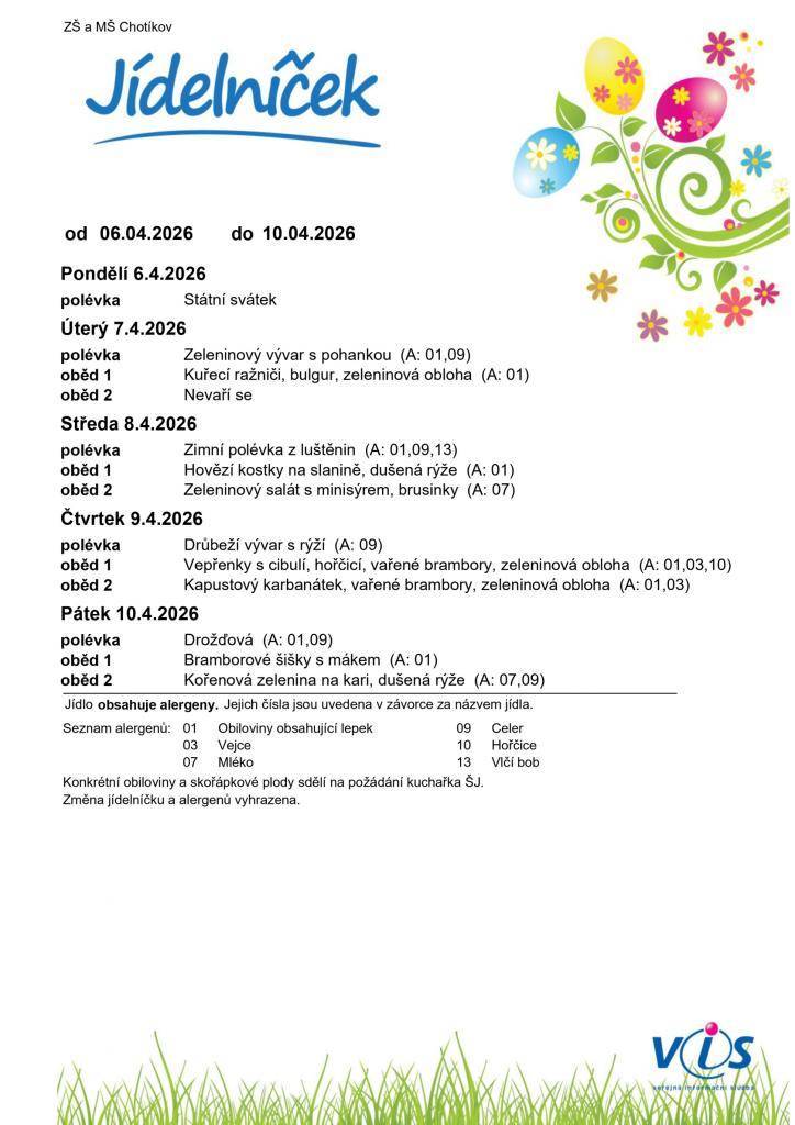 Jídelní lístek ZŠ a MŠ Chotíkov na týden 06. 04. 2026 - 10. 04. 2026.