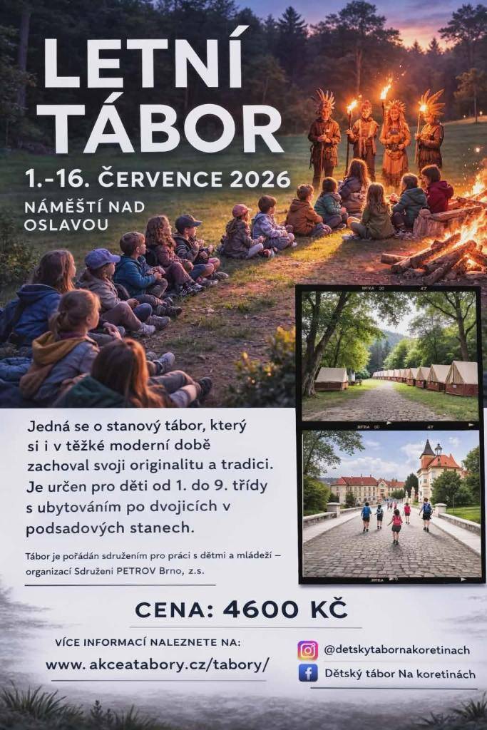 Jedná se o smíšený tábor, pod hlavičkou křesťanské organizace Sdružení Petrov z.s. Je určen pro děti od 1. do 9. třídy. Ubytování je ve stanech s podsadou po dvojicích. Pokud máte zájem dětem dopřát hezké prázdniny a zážitky na táboře. Můžou si vzít i kamaráda.