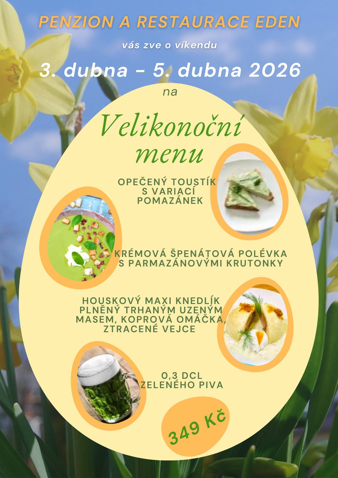 Penzion a restaurace Eden nabízí od pátku 3. dubna do neděle 5. dubna 2026 Velikonoční menu.