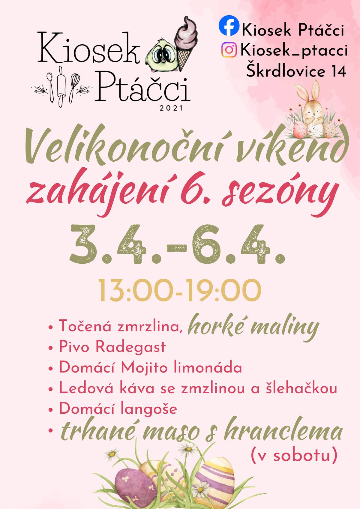 Kiosek PTÁČCI - zahájení 6. sezóny 📣Už je to TADY!  Velikonočním víkendem zahájíme naší 6. Sezónu v kiosku.  Pátek-pondělí denně 13:00-19:00 V sobotu bude i trhaný masíčko s hranclema, které znáte z loňska. A zmrzlina se během víkendu prostřídá. Bude vanilka/smetana x sorbety i čokoláda. Hlídejte si denní nabídku na FB a IG profilu @kiosek_ptacci  Domácí langoše jsou samozřejmostí.  Těšíme se na Vás.🩷💚