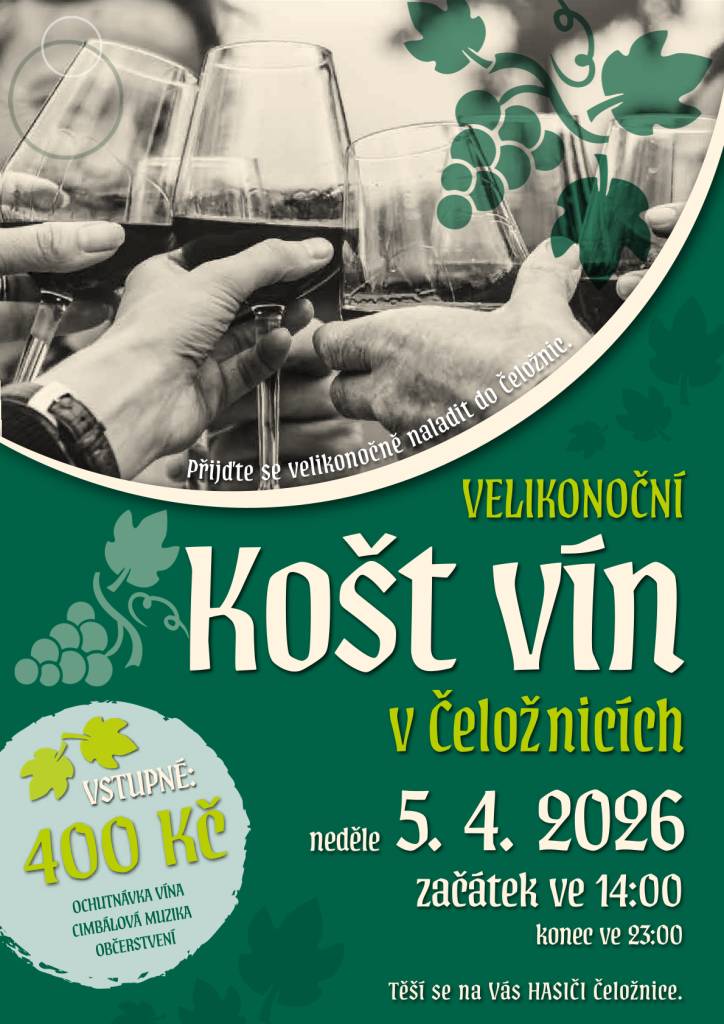 Pozvánka na velikonoční košt vína, který se uskuteční v neděli 5. dubna.