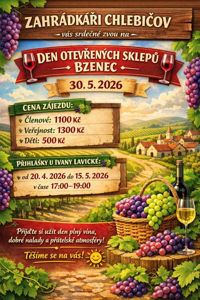 Zahrádkáři Chlebičov pořádají zájezd na Den otevřených sklepů do Bzence.