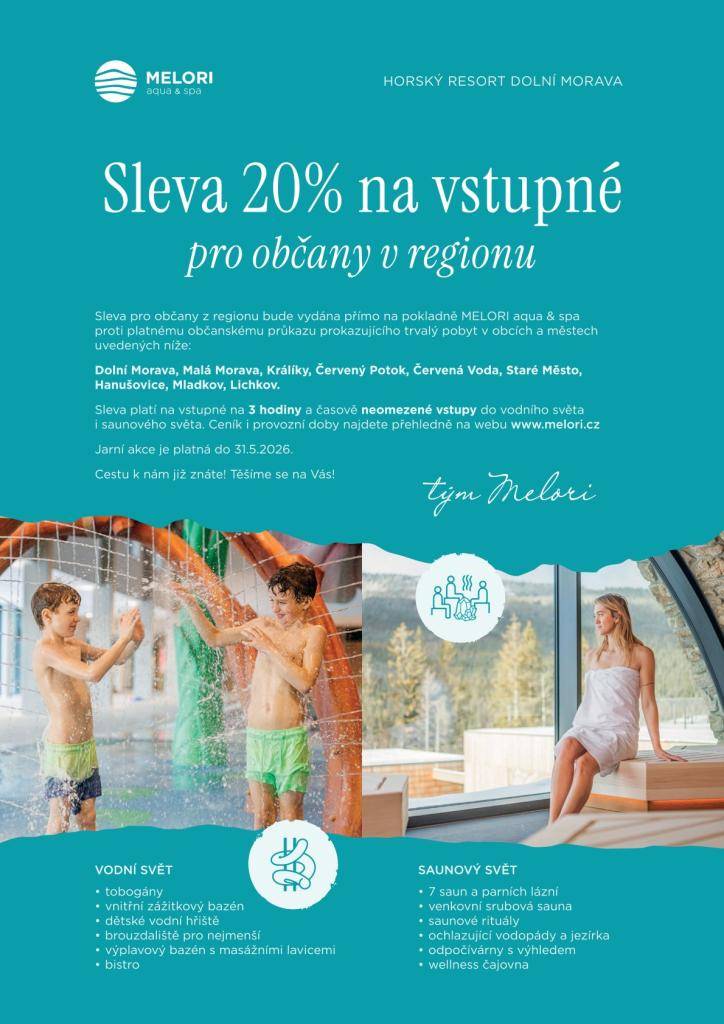 Horský resort Dolní Morava připravil speciální nabídku pro občany naší obce – 20% slevu na vstupné do wellness parku MELORI Aqua & Spa. Užijte si příjemný odpočinek v moderním prostředí plném relaxačních bazénů a wellness procedur.