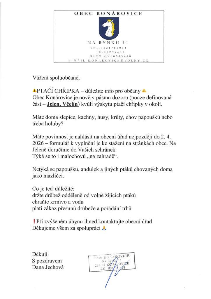 POZOR!!!!!! důležité informace pro občany - ptačí chřipka