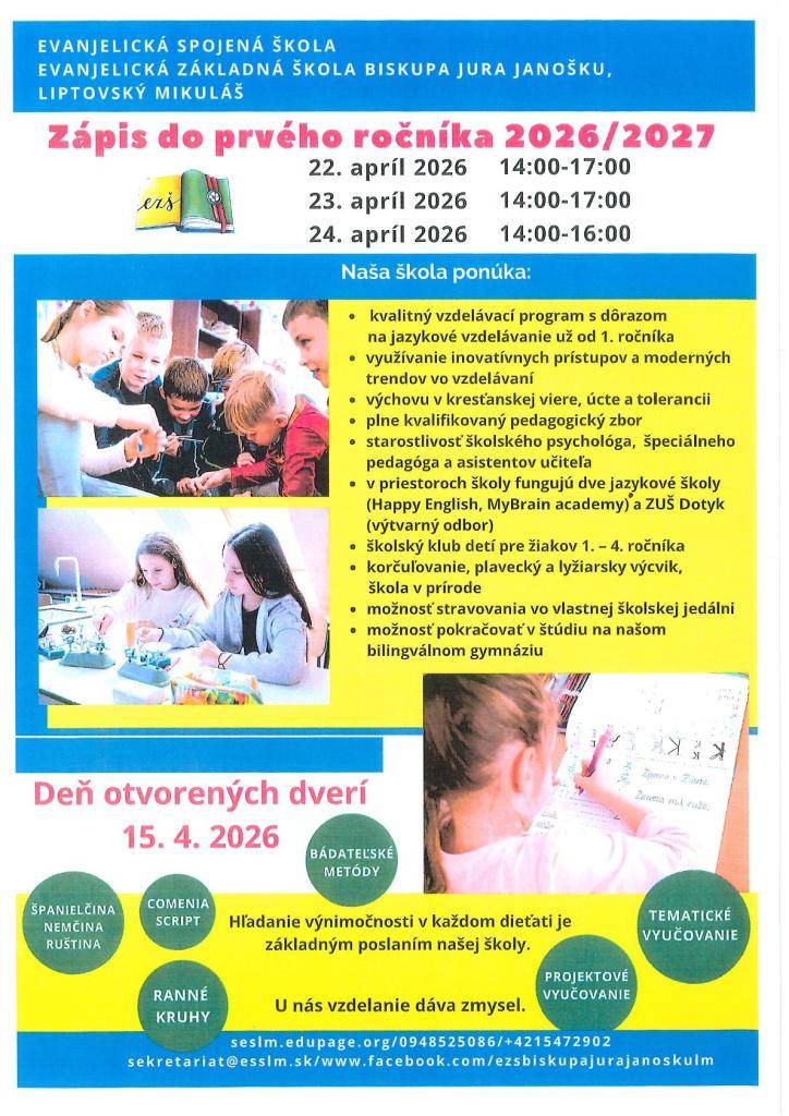 Zápis do 1.ročníka-Evanjelická spojená škola LM