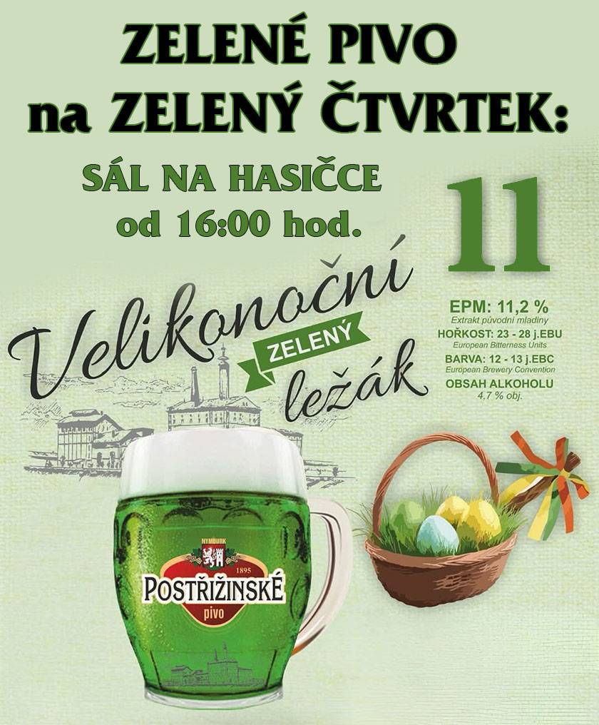 Přijďte si užít příjemné odpoledne do sálu na hasičce ve čtvrtek od 16:00 hodin.    Na čepu bude:  Velikonoční zelený ležák Postřižinská 11°  a také klasická Postřižinská 11°.    Těšíme se na společné setkání!