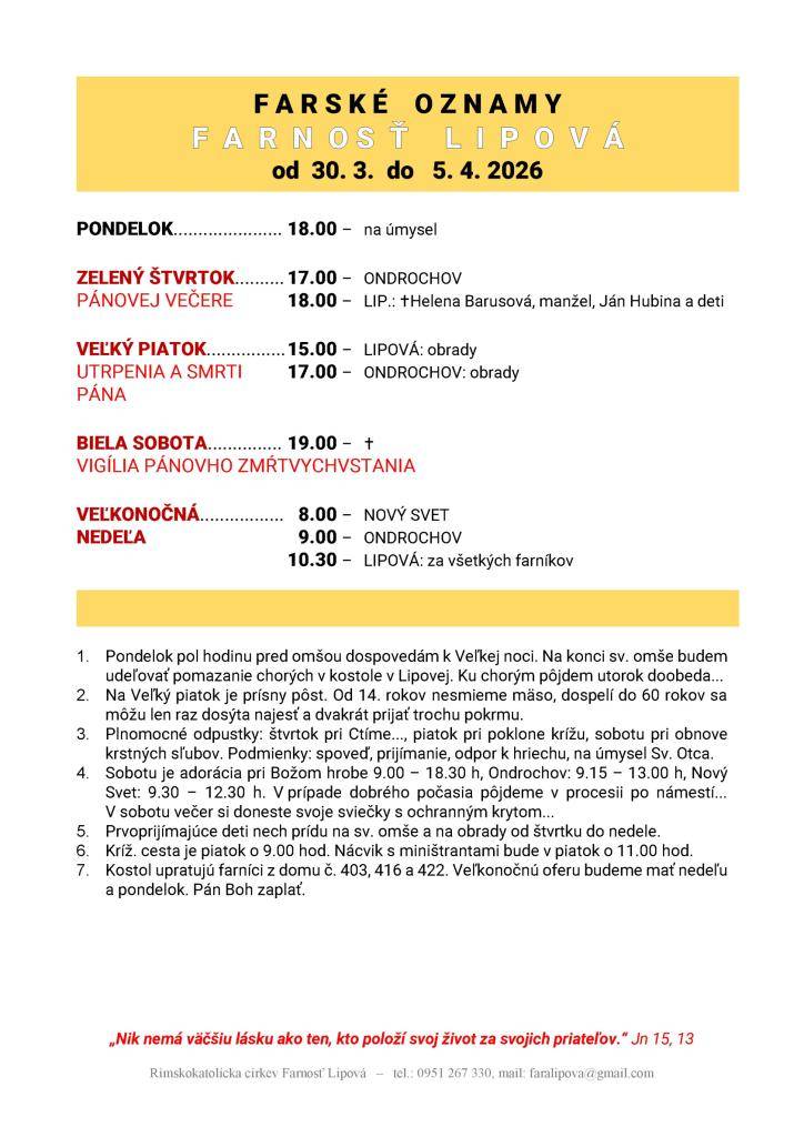 Poriadok bohoslužieb od 30.03. do 05.04.2026