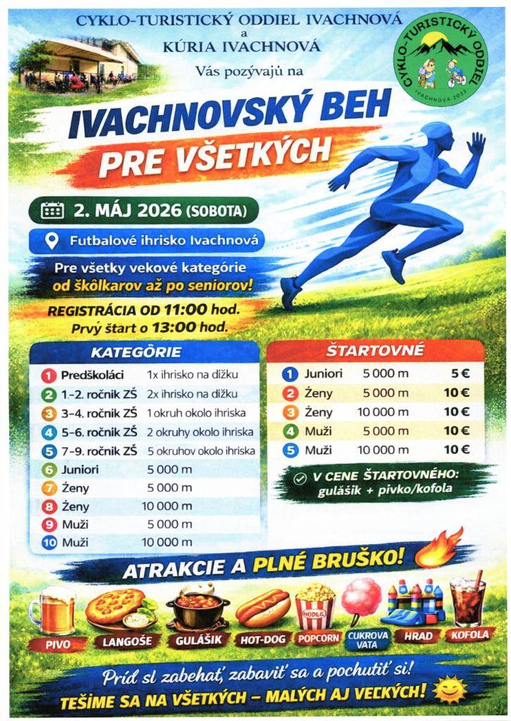 Cykloturistický oddiel Ivachnová a Kúria Ivachnová Vás pozývajú na Ivachnovský beh pre všetkých, ktorý sa bude konať 2.5.2026 na Futbalovom ihrisku Ivachnová.