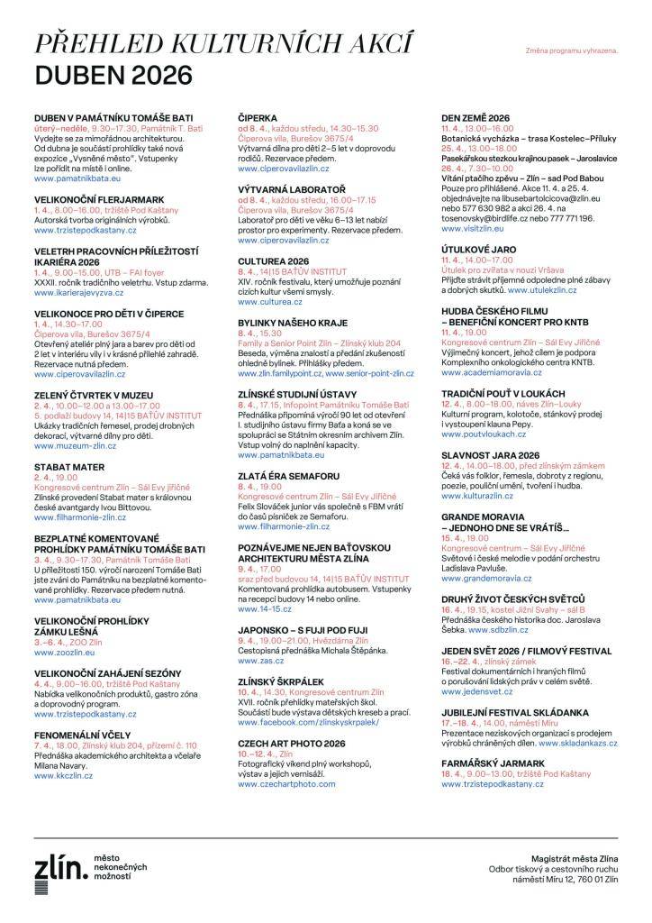 Přehled kulturních akcí ve Zlíně v měsíci dubnu.