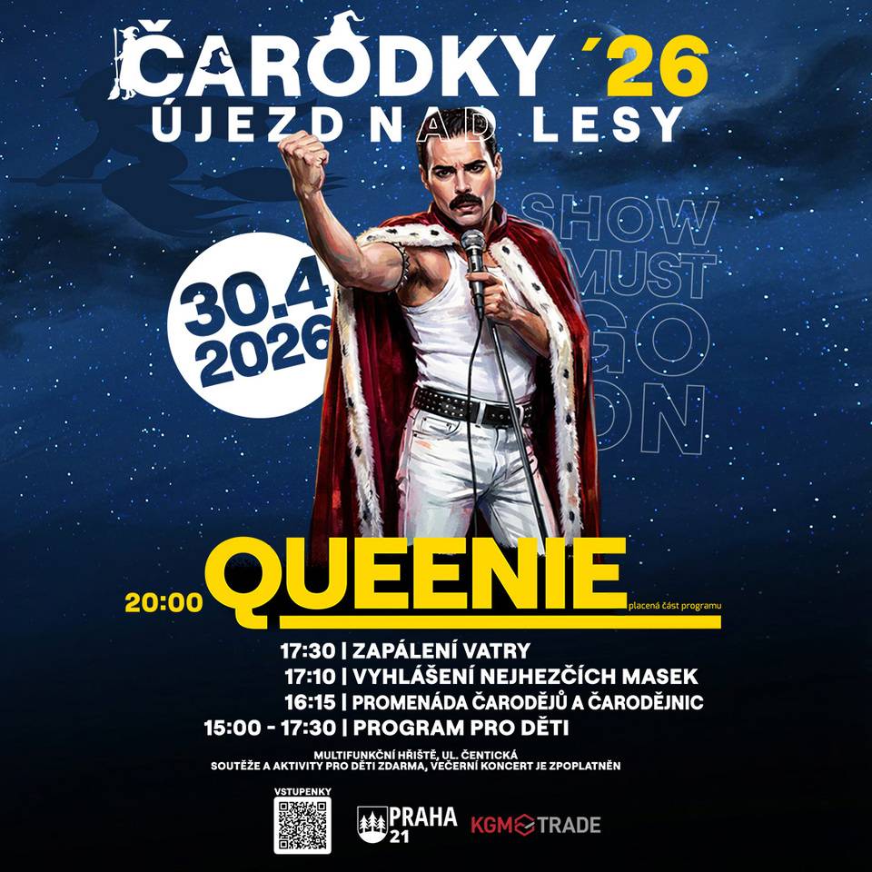 Městská část Praha 21 vás zve na tradiční oslavu Čarodějnic, která se uskuteční 30. dubna 2026 od 15:00 hodin na Multifunkčním sportovišti. Čeká vás odpoledne plné zábavy pro děti i dospělé, soutěží, hudby, masek a večer velký koncert kapely Queenie! Odpolední program pro děti (vstup zdarma): Od 15:00 startuje zábavné odpoledne plné soutěží, tance a čarodějnické atmosféry. Děti se mohou těšit na soutěže, dětskou diskotéku Rarášek, čarodějnickou promenádu i vyhlášení nejkrásnějších masek. Přijďte v kostýmech – 5 nejlepších odměníme přímo na pódiu! Nebude chybět ani zapálení ohně, které slavnostně provede pan starosta, a opékání špekáčků zdarma pro všechny návštěvníky. Večerní program – koncert kapely Queenie: Od 20:00 hodin vystoupí skvělá kapela Queenie. Uslyšíte nesmrtelné hity a zažijete koncertní atmosféru, která Vás nenechá v klidu stát. Přijďte si zazpívat, zatleskat a užít si velký čarodějnický večer s živou hudbou! Po celou dobu akce bude zajištěno bohaté občerstvení, takže se můžete těšit na dobré jídlo i pití. Vstupné na večerní koncert: 200 Kč – dospělá osoba 50 Kč – děti do 130 cm Vstupenky lze zakoupit přes QR kód na plakátu nebo zde: https://www.smsticket.cz/vstupenky/67282-carodejnice-2026?utm_campaign=smsticket-prodejni-odkaz Pokud preferujete osobní nákup, jsou k dispozici na podatelně MČ a v místní knihovně. Přijďte si užít super čarodějnice plné hudby, ohně, masek a skvělé atmosféry. Vezměte rodinu, přátele, děti i dobrou náladu – těšíme se na vás!  Upozornění: Od 19:30 bude prostor postupně vyhrazen pouze pro návštěvníky s platnou vstupenkou na koncert.