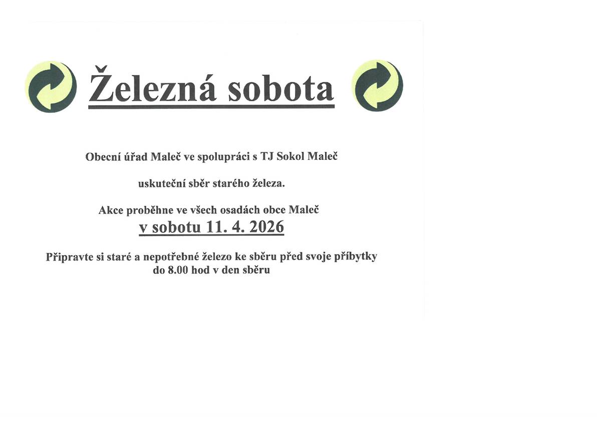 V sobotu 11.4. 2026 se uskuteční sběr železa. Připravte si staré nepotřebné železo před svoje příbytky do 8:00h v den sběru.
