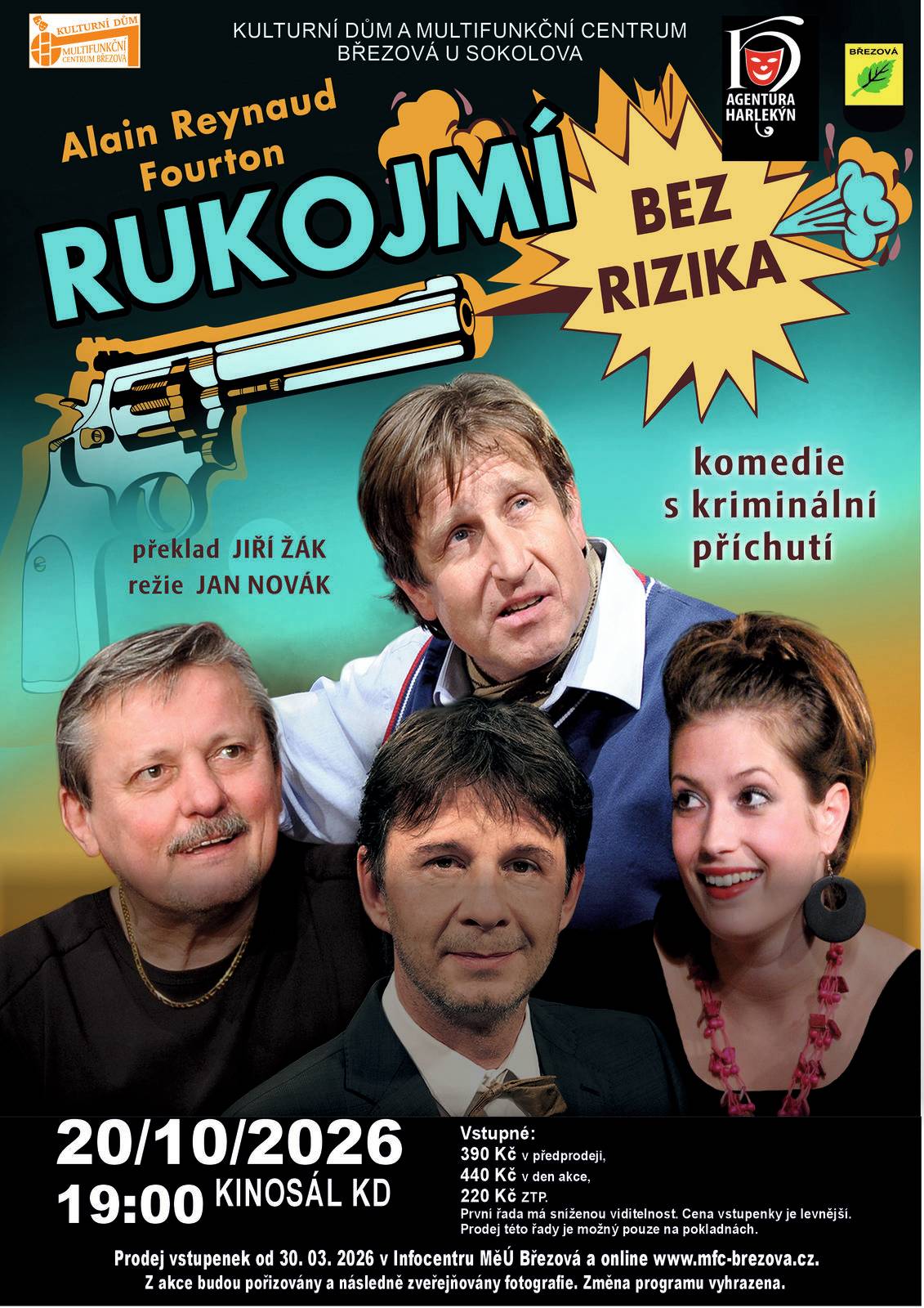 Pytel uloupených peněz dokáže oživit i sebevraha. Jenže policii taky.  Francouzská komedie s kriminální příchutí.  Hrají:   Marc Besson, spisovatel románů pro ženy – Václav Vydra   Luc, jeho přítel, milovník dívčích srdcí – Jan Šťastný   Madame Mabouin, o všem informovaná domovnice – Jana Boušková / Jana Malá / Marcela Peňázová   Jojo, šéf lupičské bandy – Martin Zahálka / Martin Davídek   Suzy, ozdoba zlodějského tria – Lenka Zahradnická / Barbora Šťastná / Kateřina Petrová   Banán, lidožrout vegetarián a také lupič – František Skopal / Martin Zahálka ml.   Marc je ženami obdivovaný spisovatel, ale delší dobu již nemá o čem psát. Usoudí, že se nachází v bezvýchodné životní situaci  a rozhodne se spáchat sebevraždu. Překvapí ho letitý přítel Luc, který se už také kdysi pokusil zabít, když ho opustila žena, a teď chce učinit totéž, protože se k němu vrátila. Sebevražedné plány jim překazí trojice prchajících amatérských lupičů s pytlem plným peněz. Vtrhnou do bytu, sebevrahy si vezmou za rukojmí a vyhrožují, že je zabijí. Přestože je to právě to, co si Marc s Lucem nejvíce přejí, při pohledu na plný pytel bankovek dostávají znovu chuť do života. Tvůrčí fantazie se Marcovi vrací právě včas. Lupičské trio potřebuje plán a za dveřmi je policie. Máte se na co těšit.  Délka představení 2h a 10 minut s přestávkou. Produkce: Agentura HARLEKÝN. Vstupné: 390 Kč v předprodeji, 440 Kč v den akce, 220 Kč ZTP. První řada má sníženou viditelnost.
