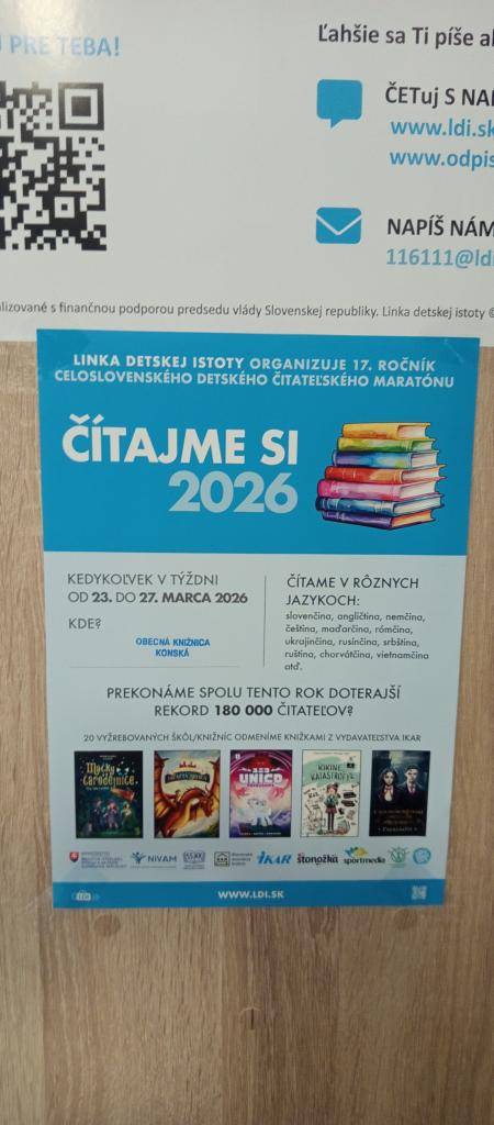 V piatok 27. marca 2026 sa v Obecnej knižnici Konská uskutočnil  detský čitateľský maratón „Čítajme si...2026“, ktorý prebiehal na celom Slovensku v týždni od 23. 03 do 27. 03. 2026.   Organizátorom podujatia je Linka detskej istoty a v tomto roku sa konal už jeho 17. ročník.