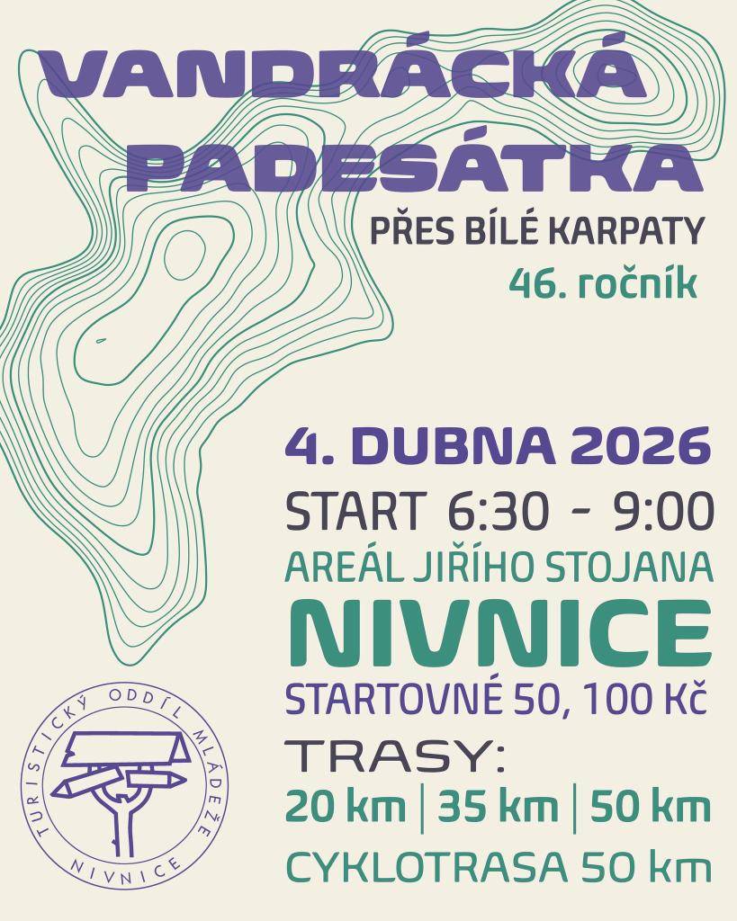 Turistický oddíl mládeže zve na 46. ročních Vandrácké padesátky přes Bílé Karpaty, která se koná v sobotu 4.4.2026. Start je od 6:30 do 9:00 z areálu J. Stojana u horní školy.