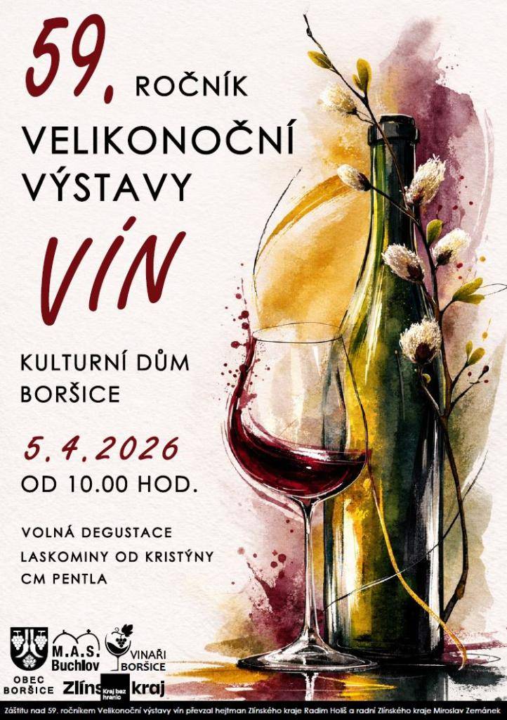 Obec Hostišová a Mikroregion Žídelná pořádají společný zájezd na Velikonoční výstavu vín v Boršicích!  Termín: 5. dubna 2026  Odjezd ze Sazovic (dědina): 9:25  Svoz z Hostišové zajištěn.  Odjezd zpět z Boršic: 17:00  Doprava je zajištěna zdarma autobusem.  Vstupné: 400 Kč