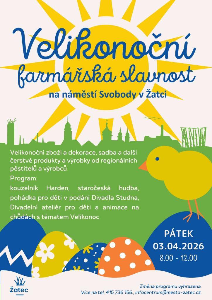 Převážně velikonoční program nabízí organizátoři událostí tento týden v Žatci a okolí. V pondělí se koná Velikonoční koncert, v týdnu různá tvoření, v sobotu proběhne Velikonoční farmářská slavnost na náměstí Svobody, které už je jarně vyzdobené. Všichni jsou srdečně zváni!