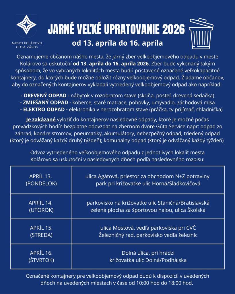 Oznamujeme občanom  nášho  mesta,  že zber veľkoobjemového odpadu v meste Kolárovo sa uskutoční od 13. apríla do 16. apríla 2026.
