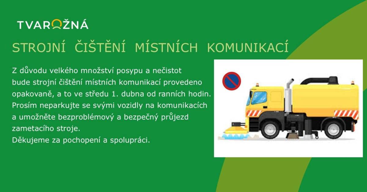 Z důvodu velkého množství posypu a znečištění bude strojní čištění místních komunikací provedeno opakovaně ve středu 1. dubna od ranních hodin.