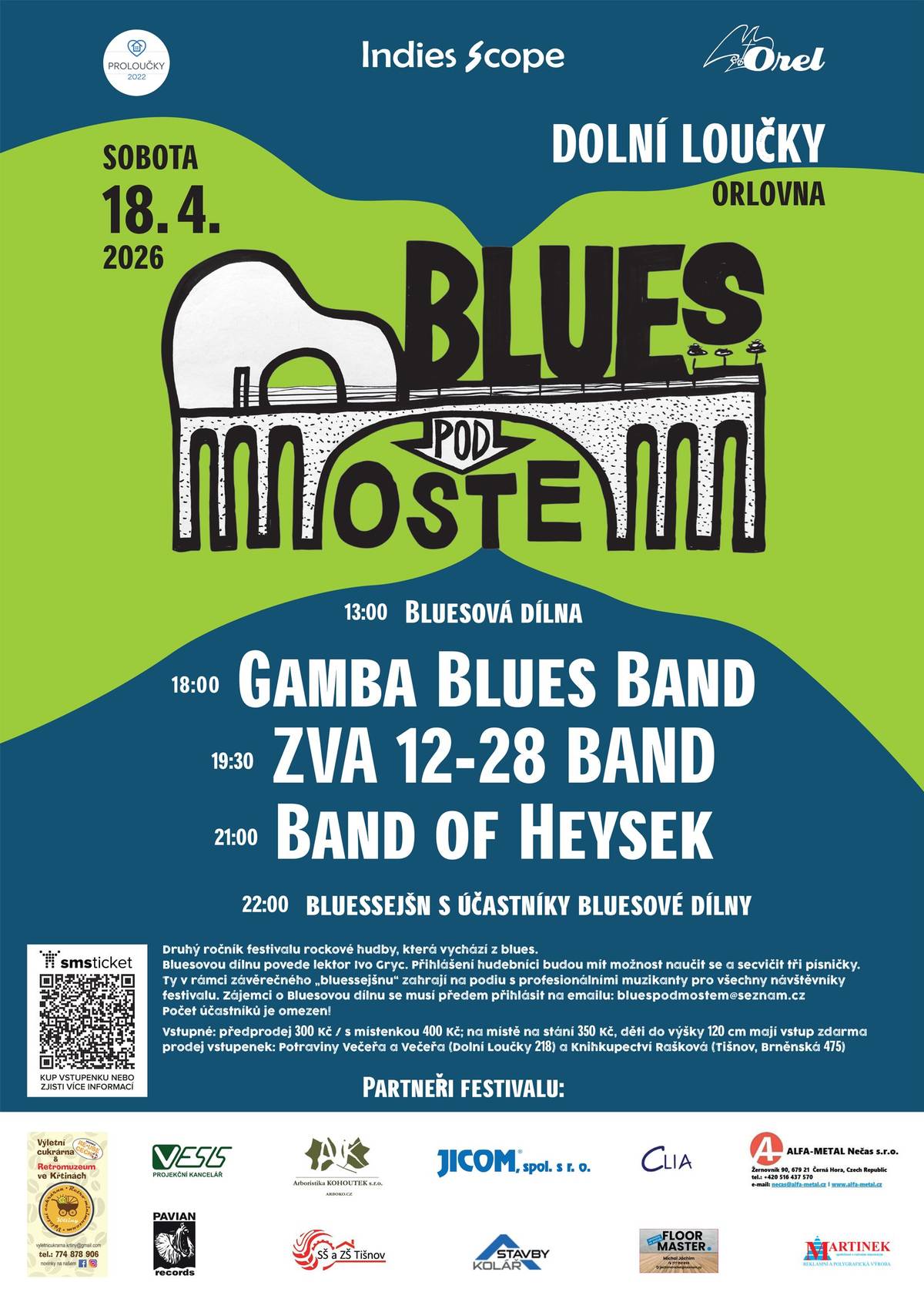 V Dolních Loučkách 18.dubna 2026 v Orlovně 13:00 hod. - Bluesová dílna 18:00 hod. - Gamba Blues Band 19:30 hod. - ZVA 12-28 Band 21:00 hod. - Band of Heysek 22:00 hod. - bluessejšn s účastníky bluesové dílny