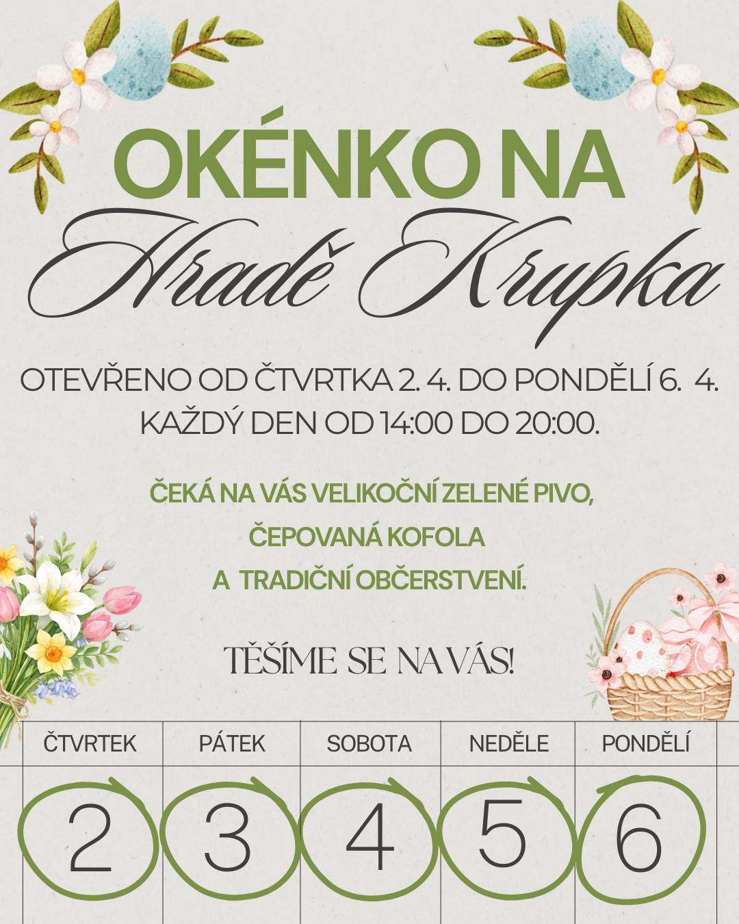 Od čtvrtka 2. 4. do pondělí 6. 4. pro Vás otevíráme okénko na Hradě Krupka, každý den od 14:00 do 20:00. Zastavte se během procházky nebo výletu, dejte si chvilku pauzu a užijte si jarní atmosféru. Čeká na vás velikonoční zelené pivo, čepovaná kofola a něco dobrého k zakousnutí. Ideální zastávka, když budete mít cestu kolem, ať už s rodinou, přáteli nebo jen tak na chvíli klidu. Těšíme se na vás.