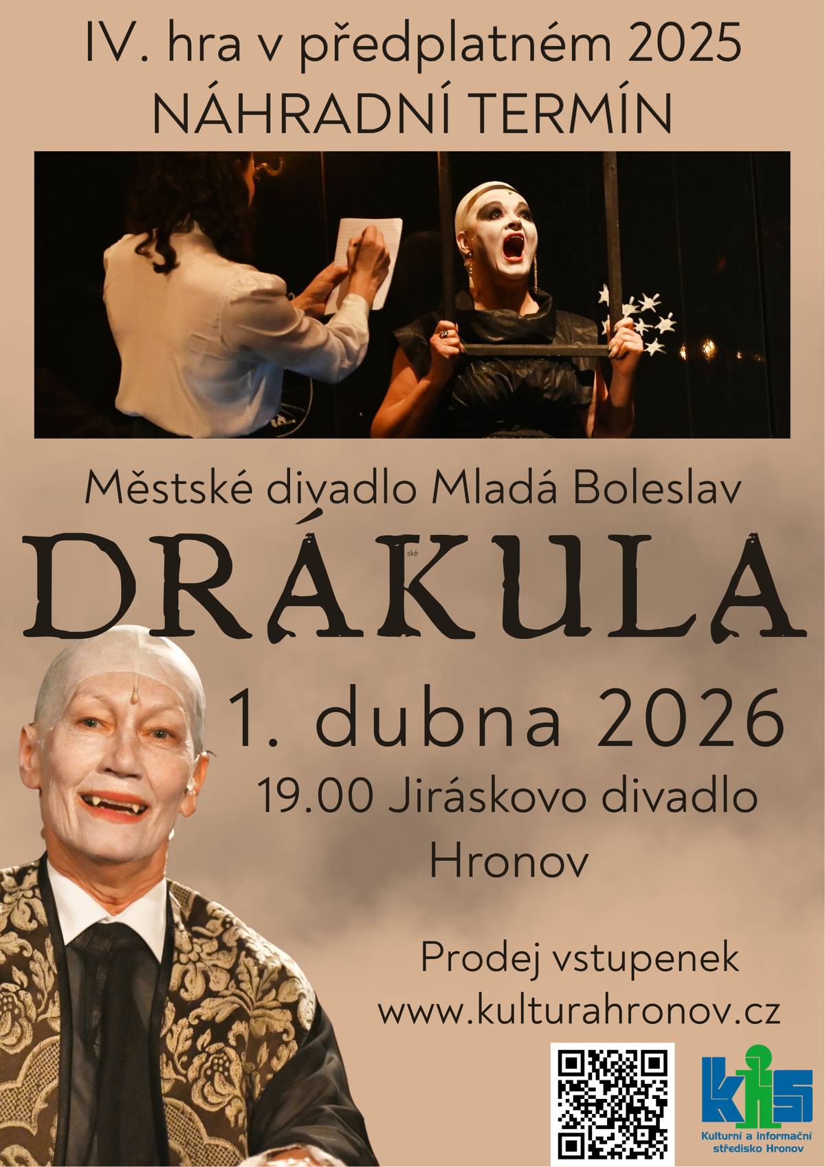 Vážení diváci, srdečně vás zveme na divadelní představení Drákula v podání Městského divadla Mladá Boleslav. Představení se uskuteční 1. dubna 2026 od 19:00 hodin v Jiráskově divadle v Hronově. Vstupenky jsou v prodeji na www.kulturahronov.cz/drakula. Těšíme se na vaši návštěvu.