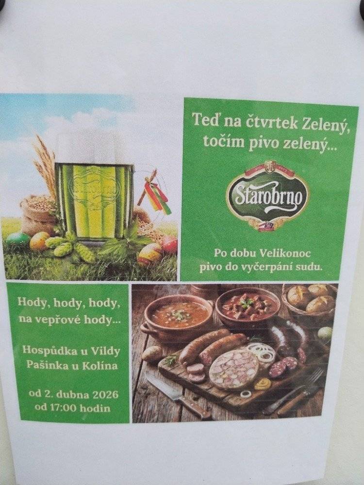 Vážení občané, v hospůdce u Vildy od 2. dubna 2026 od 17:00 hodin proběhnou vepřové hody. Na zelený čtvrtek se čepuje zelené pivo.