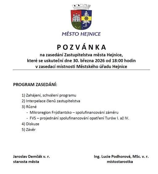 Dnes v pondělí 30. března se koná jednání zastupitelstva Hejnic s programem v pozvánce. On-line jednání bude tradičně vysíláno na platformě YouTube, v kanále "mestohejnice".