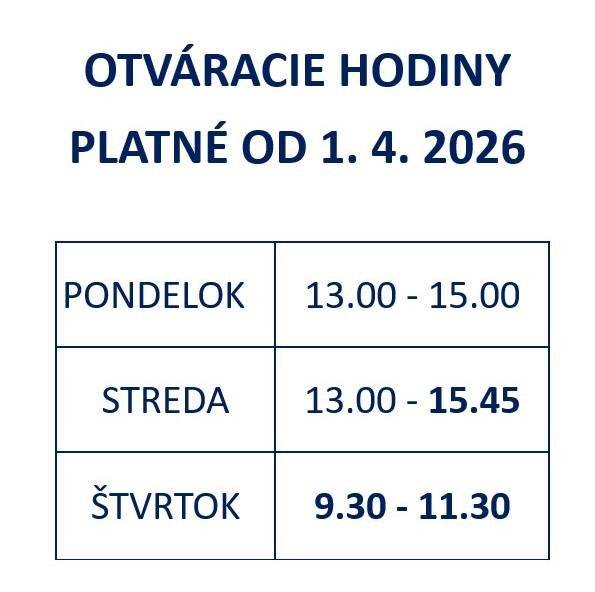 Obecná knižnica Valaská Belá oznamuje zmenu otváracích hodín platnú od 1. 4. 2026. Tešíme sa na vašu návštevu.