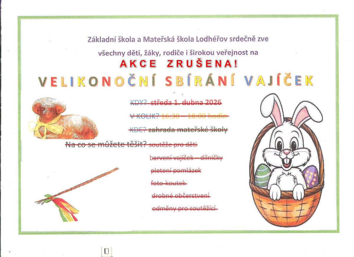 Velikonoční sbírání vajíček pořádané ZŠ a MŠ Lodhéřov 1. 4. 2026 - akce ZRUŠENA.