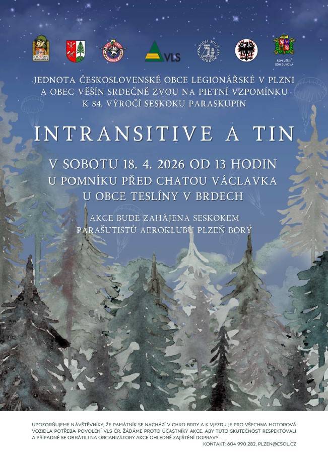 Pietní vzpomínka k 84. výročí seskoku paraskupin se koná v sobotu 18. dubna 2026 od 13 hodin u pomníku před chatou Václavka.