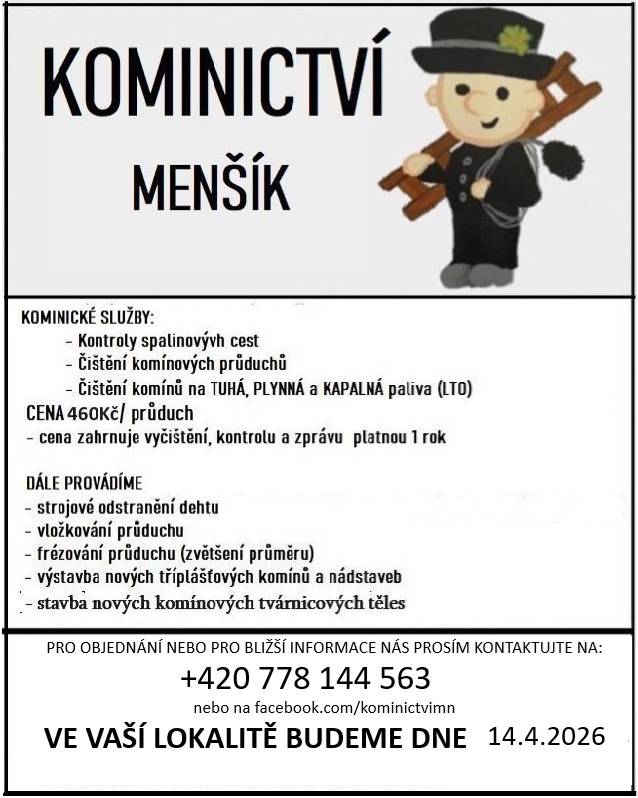 V naší obci 14.4.2026 Kominictví Menšík