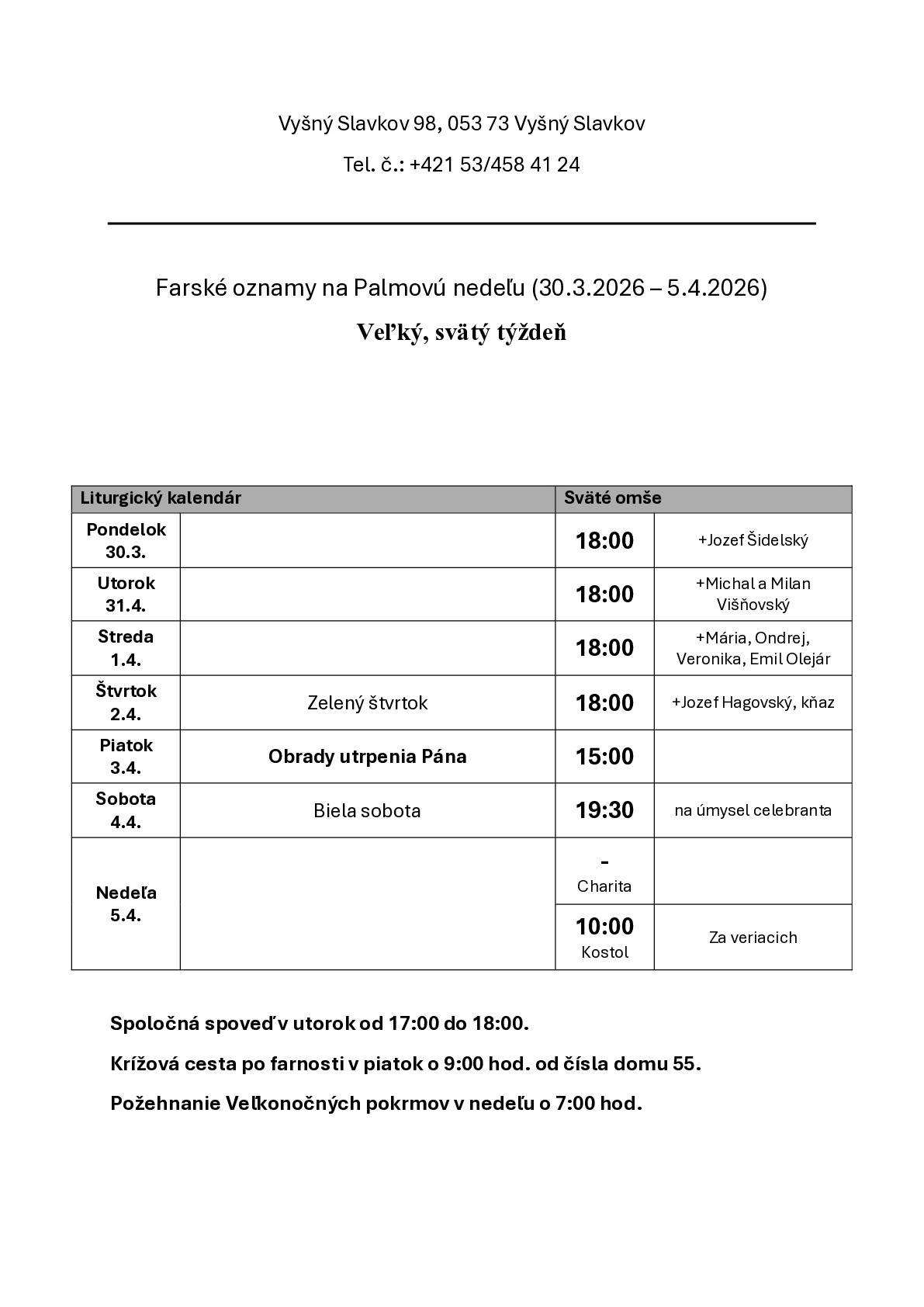 Farské oznamy na 14. týždeň