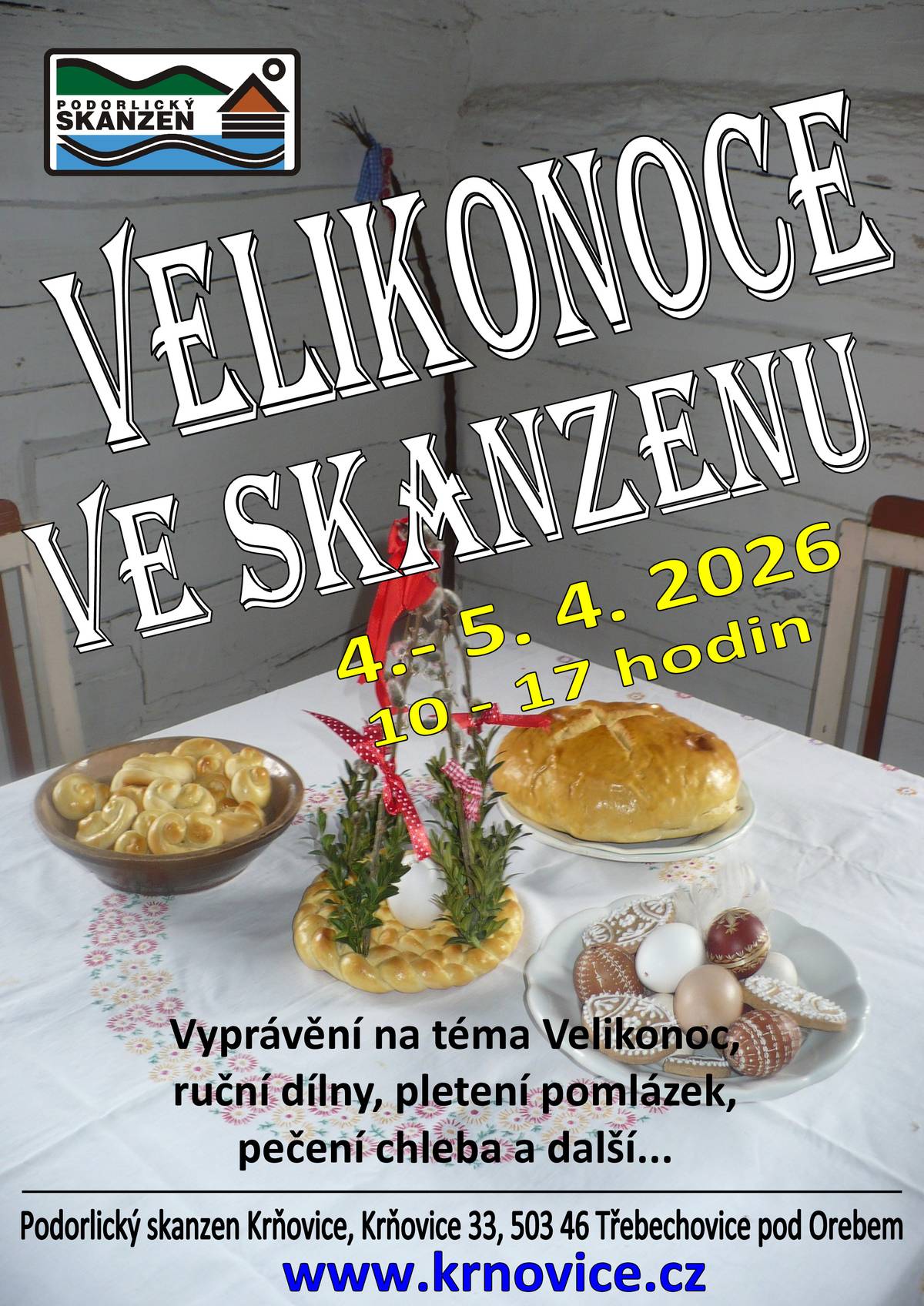 Tuto sobotu 4. a neděli 5.4. od 10 do 17 hodin bude ve skanzenu v Krňovicích probíhat akce Velikonoce ve skanzenu. Můžete se těšit na povídání o Velikonocích, rukodělné dílničky a jako vždy budeme péct chleba. Těšíme se na vaši návštěvu.