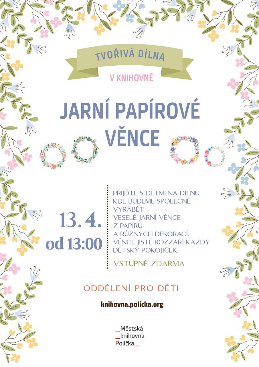 čtvrtek 2. 4. 2026  Workshopy na Půdě  Malování kraslic egg-botem 14:00 - 18:00  středa 8. 4. 2026  Historické přednášky  Manželství je svátost? 14:00 - 16:00 |Půda  pondělí 13. 4. 2026  Akce pro děti  Jarní papírové věnce - tvořivá dílna pro děti 13:00  středa 15. 4. 2026  Historické přednášky  Světice 14:00 - 16:00 |Půda  čtvrtek 16. 4. 2026  Přednášky  Dějiny Romů a pronásledování za 2. sv. války 18:00 |Knihovna  neděle 19. 4. 2026  Film  Pan Nikdo proti Putinovi 19:00 ...  (Kultura / Městská knihovna)