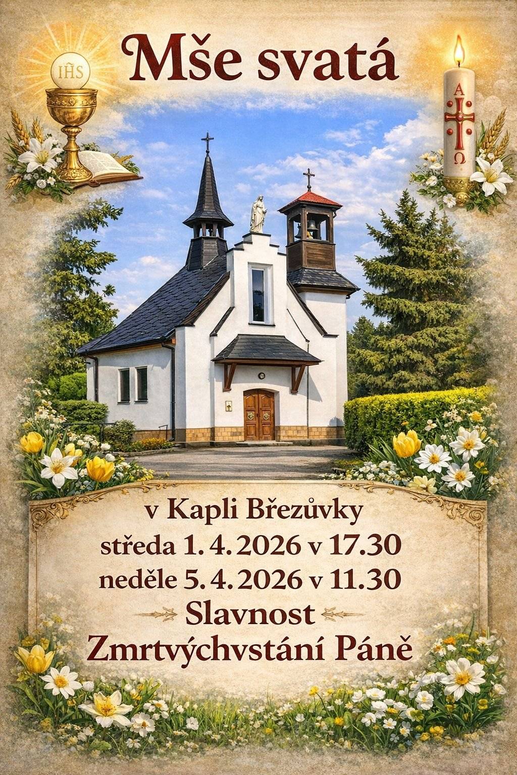 Mše svatá se uskuteční v kapli sv. Anežky České ve středu 1. 4. 2026 v 17:30 hod. a v neděli 5. 4. 2026 v 11:30 hodin.