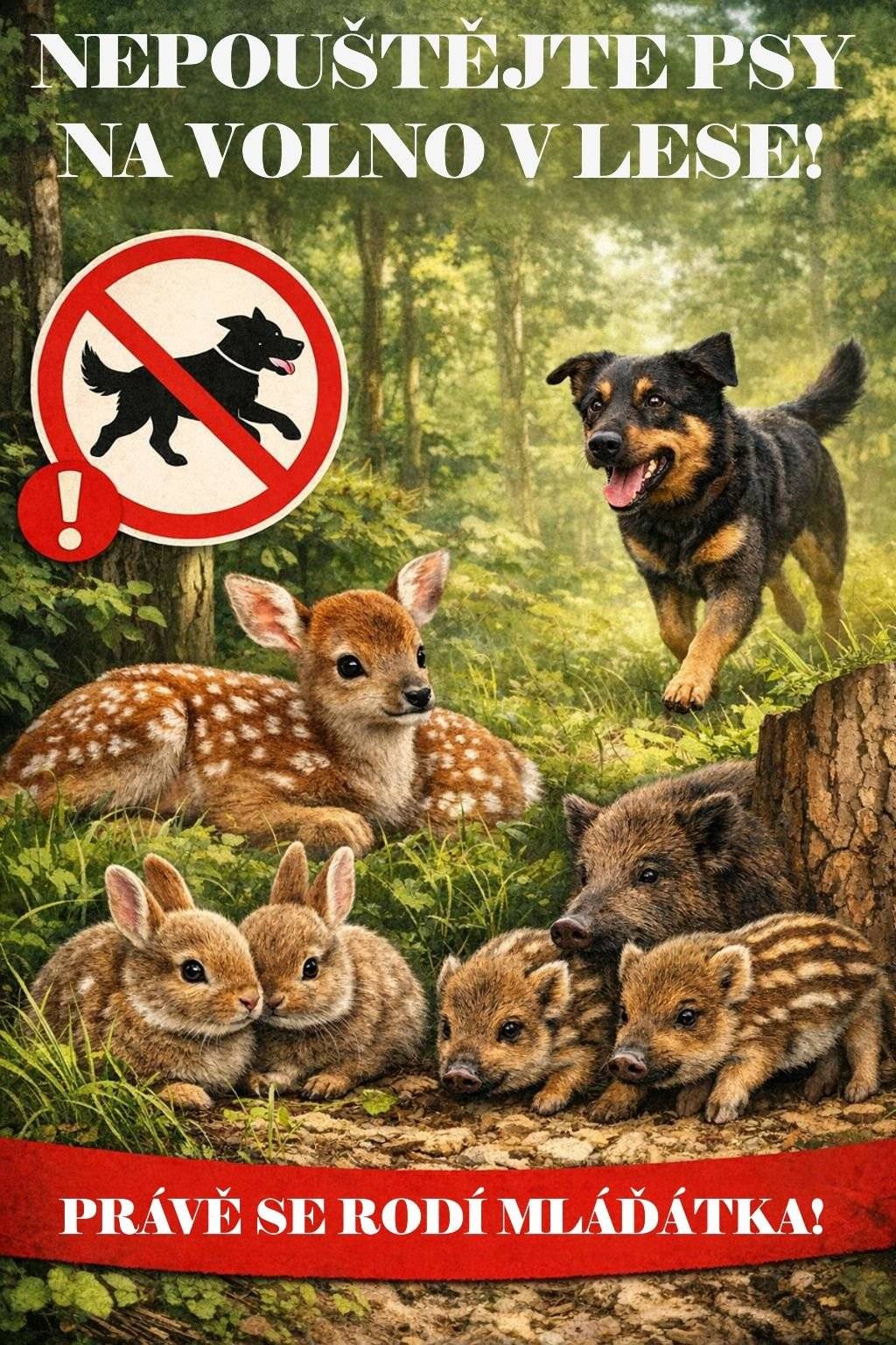 V těchto dnech se v přírodě rodí mláďata – srnčata, zajíčci i divoká prasata. Jsou často schovaná v trávě a při nebezpečí neutíkají.  Volně pobíhající pes je může snadno vyplašit, poranit nebo i usmrtit.  Prosíme proto: Nenechávejte své psy v lese běhat na volno.  Děkujeme, že pomáháte chránit přírodu kolem nás.
