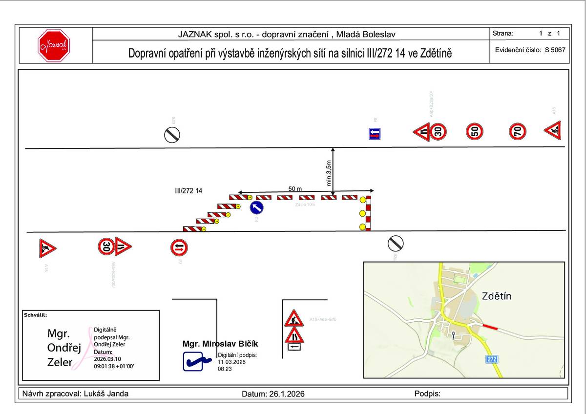 Obec informuje, že z důvodu výstavby inženýrských sítí dojde k dopravnímu omezení na silnicích v k.ú. Zdětín. V první etapě se jedná o částečnou uzavírku a omezení provozu na silnici č. III/27214 v termínu od 1. 4. do 30. 6. 2026. Ve druhé etapě bude částečná uzavírka a omezení provozu probíhat na silnici č. II/272 v termínu od 1. 6. do 31. 8. 2026. Mapy dopravního omezení jsou přiloženy k tomuto oznámení nebo jsou k dispozici na webových stránkách obce v sekci Aktuálně z Munipolis.