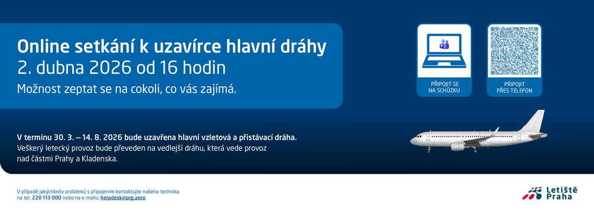 Další etapa modernizace hlavní ranveje 06/24 Letiště Václava Havla Praha startuje právě dnes. Zavřená zůstane do 14. srpna. Během té doby bude veškerý letecký provoz převeden na vedlejší dráhu 12/30, což znamená, že stroje budou létat nad hustě obydlenými částmi metropole.  Letiště zve na online setkání k uzavírce, kde se dozvíte vše, co vás zajímá. Uskuteční se ve čtvrtek 2. dubna od 16 hodin.  Starosta Lukáš Herold (ODS) připomněl, že Praze 5 se podařilo vyjednat finanční kompenzaci za zvýšený hluk a od letiště městská část dostane dva miliony korun. Stejnou částku získala i v souvislosti s loňskou fází rekonstrukce dráhy. Místostarosta pro strategické investice a sport David Dušek (STAN) upřesnil, že peníze městská část použije na rekonstrukci hřiště v areálu ZŠ Tyršova v Jinonicích. Právě ta bude opět čelit enormnímu hluku z letadel.  Více informací na https://www.praha5.cz/oprava-hlavni-drahy-letiste-zacina-praha-5-za-hluk-ziska-penize-na-opravu-hriste/