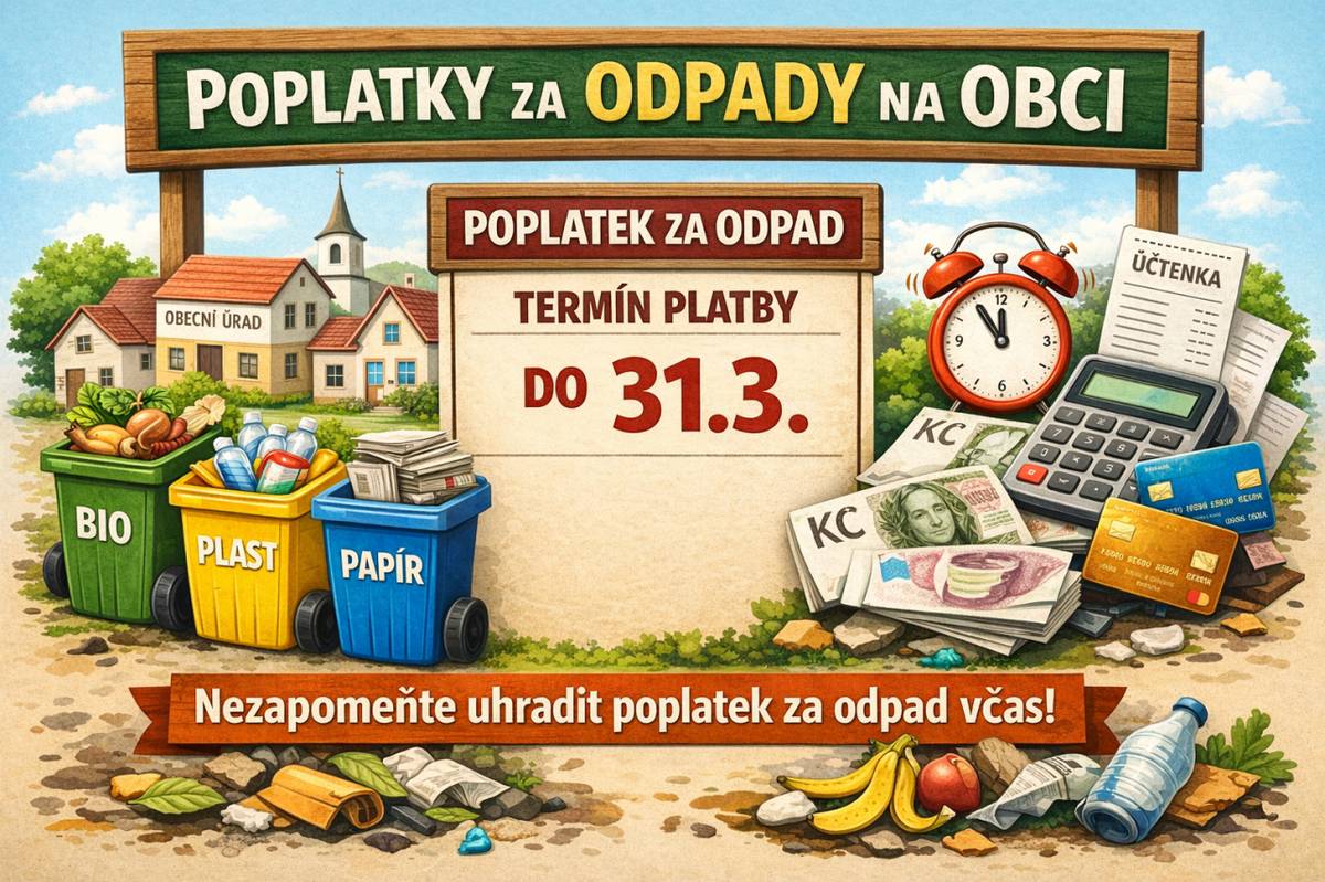 Upozorňujeme, že splatnost poplatku za odpady za rok 2026 je 31. března. Kontrola vylepených známek je od 13. dubna.