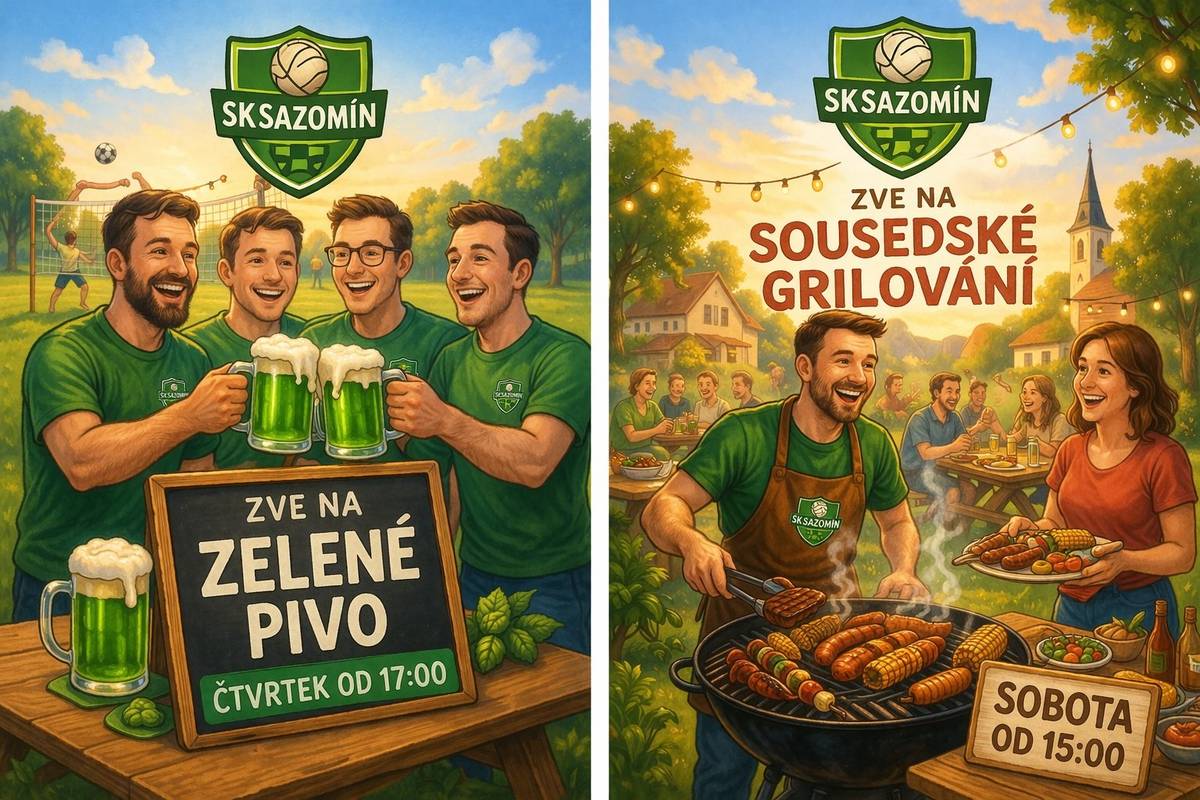 SKSazomín Vás srdečně zve do místní hospůdky - tento čtvrtek 2.4. na Zelené pivo od 17:00 hod. a tuto sobotu 4.4. na sousedské grilování od 15:00 hod. Občerstvení zajištěno (pivo, limo, kýta z grilu). Těší se na Vás SKSazomín.