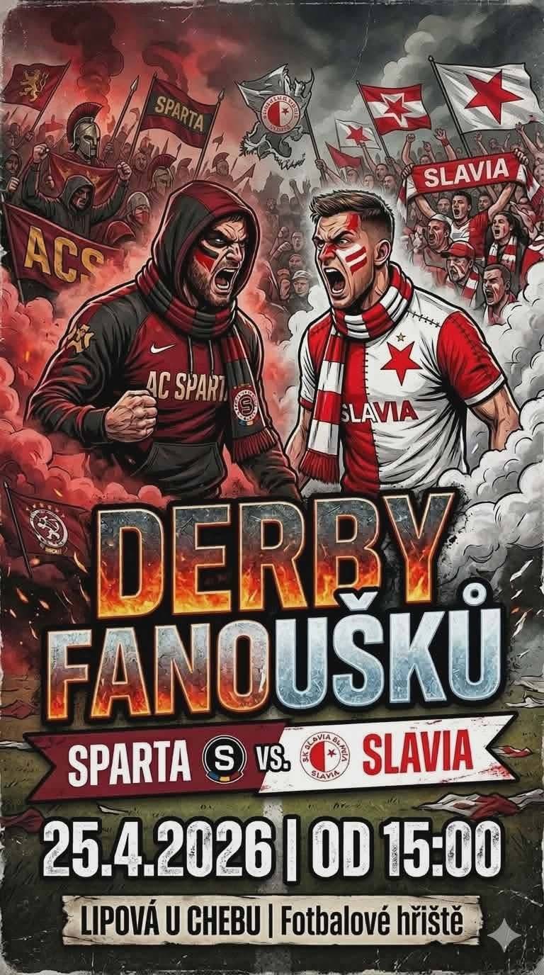 Obec Lipová Vás srdečně zve na výjimečnou sportovní akci DERBY FANOUŠKŮ mezi týmy Sparta a Slavia. Přijďte si užít jedinečnou atmosféru, fandění a přátelské soupeření mezi fanoušky dvou největších českých klubů. Termín konání: 25. dubna 2026 od 15.00 Místo konání: fotbalové hřiště Lipová u Chebu Těšit se můžete na napínavé utkání, skvělou atmosféru a společné setkání fanoušků. Akce je určena pro širokou veřejnost. Občerstvení bude zajištěno. Těšíme se na Vaši účast.