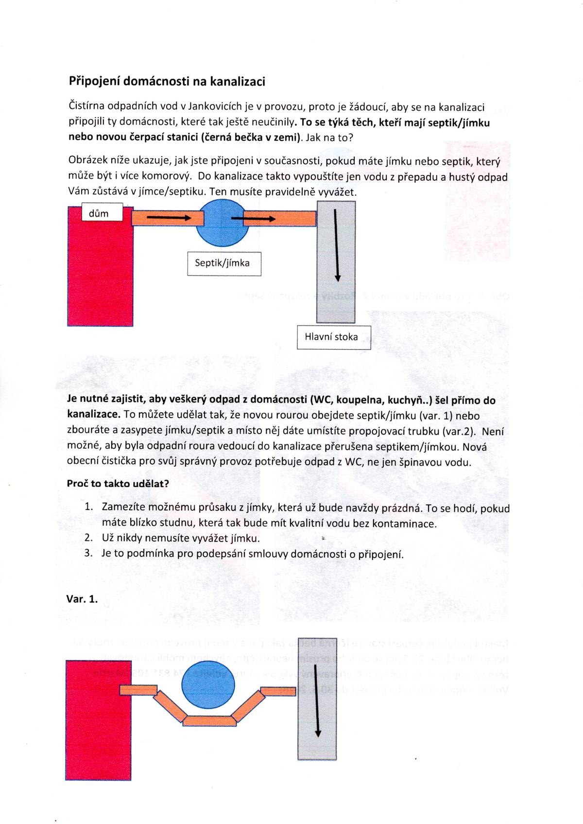 Informace jak se připojí na kanalizaci domácnost, která má novou lokální čerpací stanici nebo využívá septik/jímku s přepadem.
