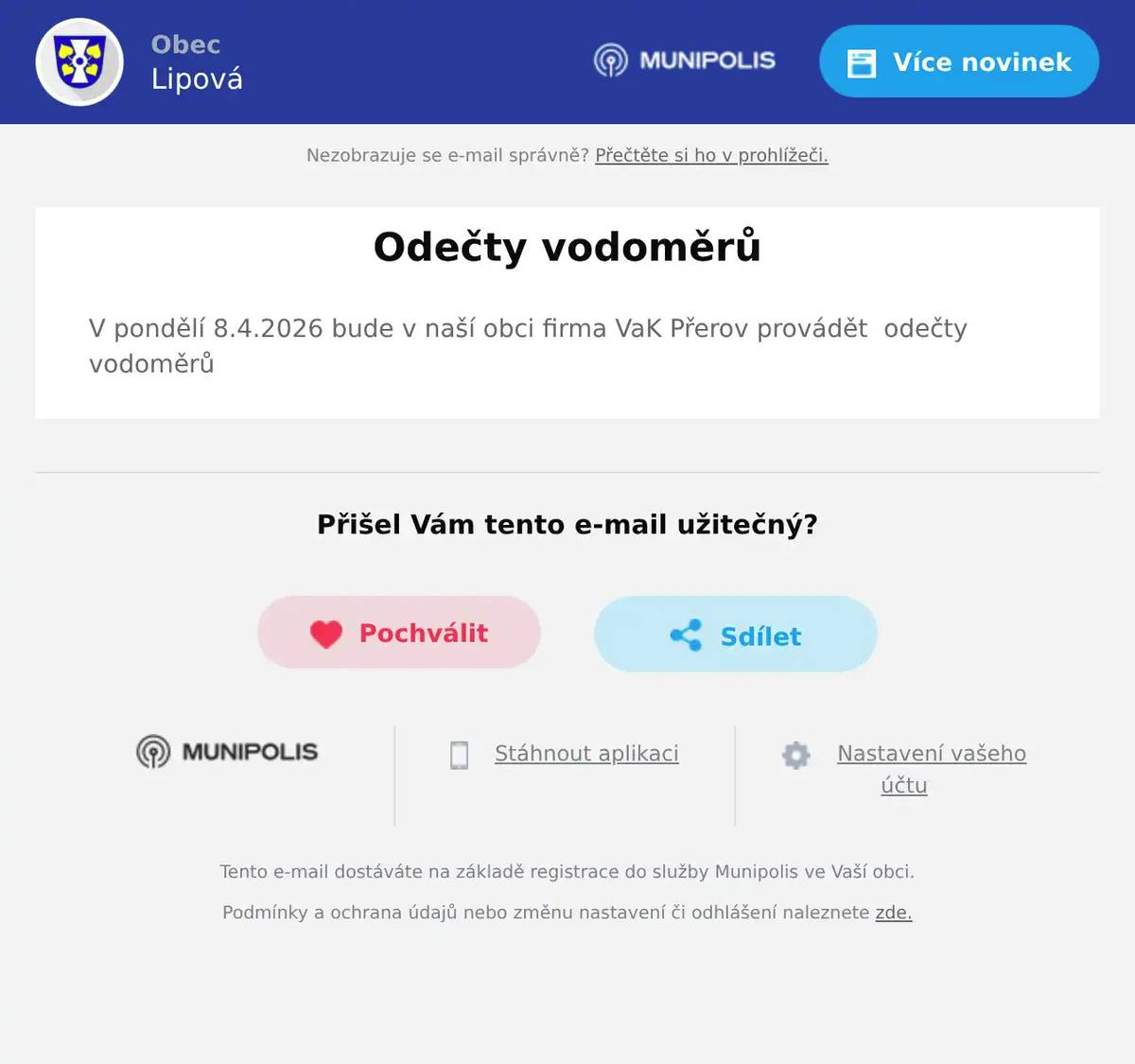 V pondělí 8.4.2026 bude v naší obci firma VaK Přerov provádět  odečty vodoměrů