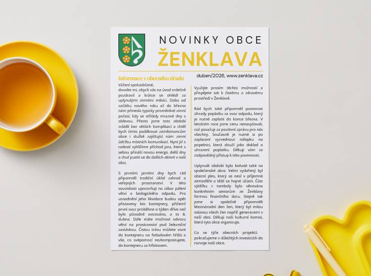 Brzy najdete nový zpravodaj ve svých schránkách v tištěné podobě. V elektronické verzi si jej můžete přečíst v příloze zde nebo na webu obce - "ženklavský zpravodaj". Přejeme vám příjemné čtení plné zajímavých informací z naší obce.