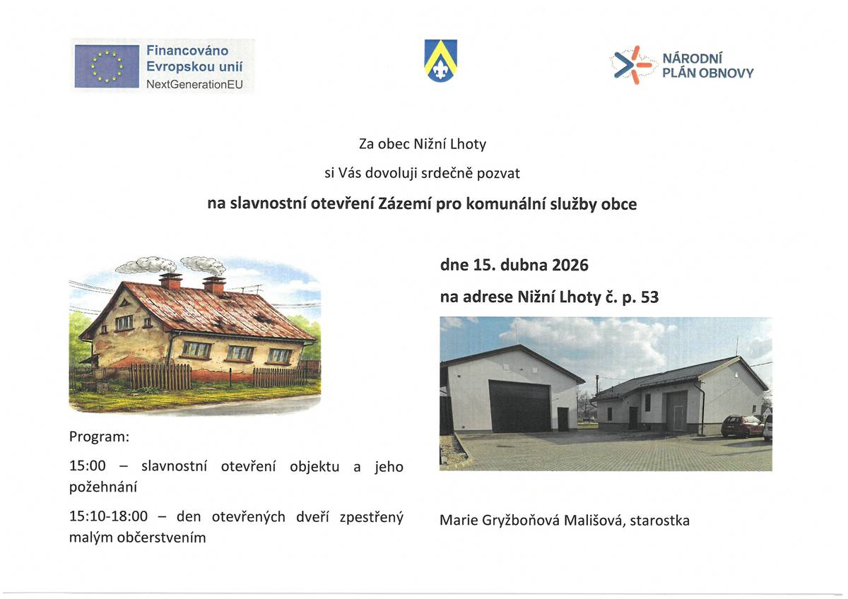 Zveme všechny občany na slavnostní otevření Zázemí pro komunální služby obce. Datum, čas a program je uveden níže v pozvánce. Přijďte se podívat, jak se rodinný dům pana Možíška postavený v r. 1962 na místě zemědělské usedlosti a vyhořelého hostince (r. 1959) proměnil provedenou rekonstrukcí. Ti starší z Vás, starousedlíci, mohou zavzpomínat i na dobu, kdy zde Hostinec Teodora Možíška stál a konaly se zde vyhlášené taneční zábavy. Prohlédnout si můžete jak dobové fotografie, tak fotodokumentaci z realizace rekonstrukce.