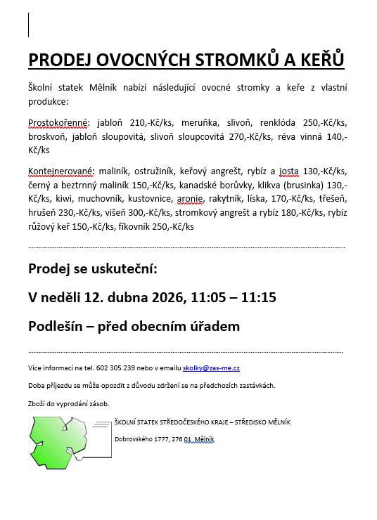 Prodej ovocných stromků a keřů v neděli 12. 4. 2026 před OÚ Podleší