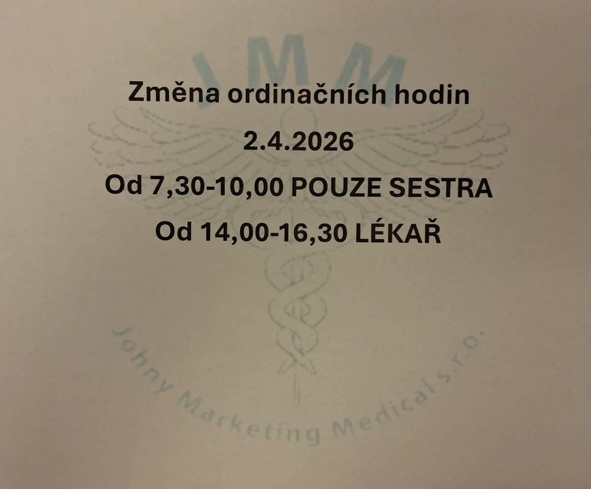 Dnes 2. 4. 2026 mimořádní změna ordinačních hodin v ordinaci ve Višňové 190: 7.30-10.00 POUZE SESTRA 14.00 - 16.30 LÉKAŘ