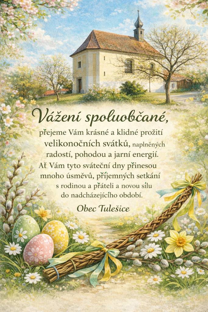 Vážení spoluobčané, přejeme Vám krásné a klidné prožití velikonočních svátků, naplněných radostí, pohodou a jarní energií. Ať Vám tyto sváteční dny přinesou mnoho úsměvů, příjemných setkání s rodinou a přáteli a novou sílu do nadcházejícího období. Obec Tulešice