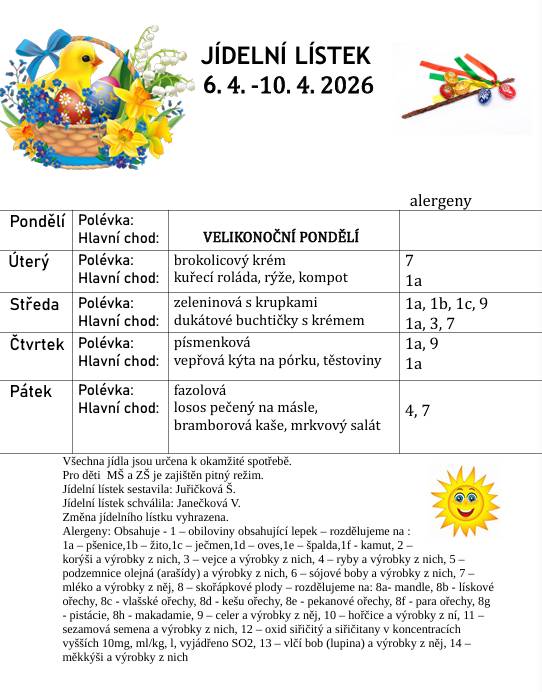 Jídelní lístek od 6. 4. do 10. 4. 2026