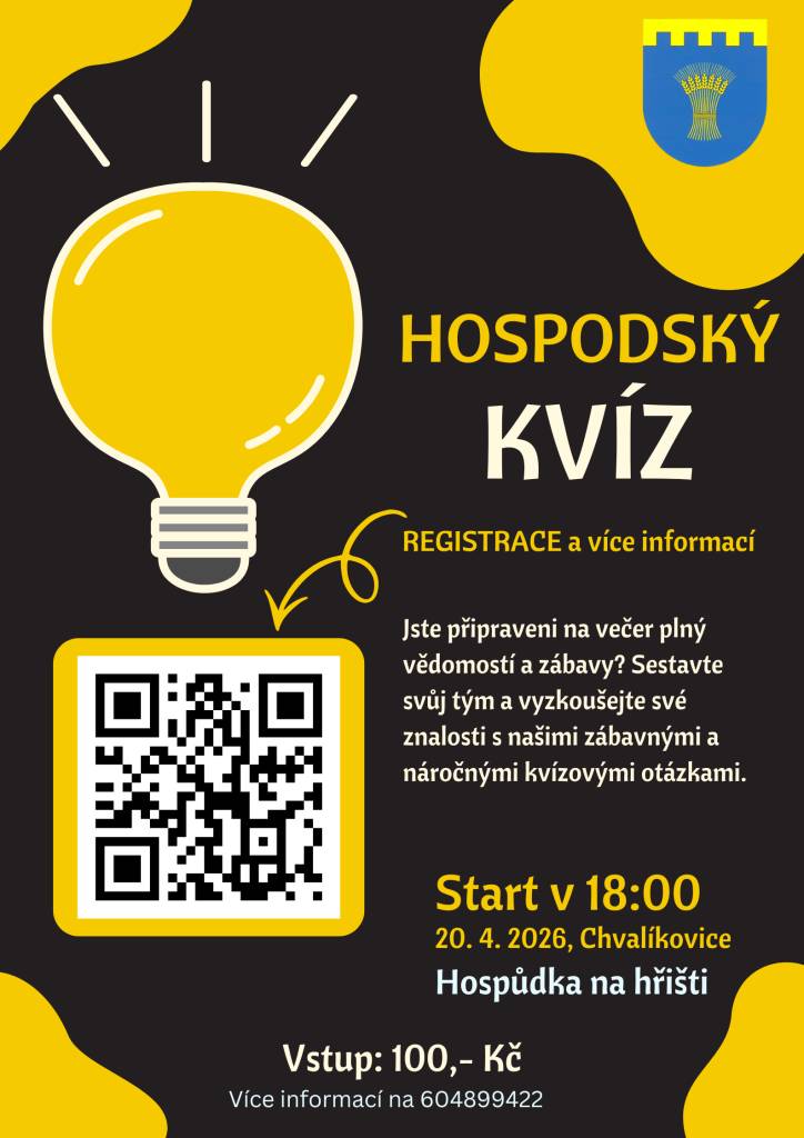 Chcete otestovat své znalosti a užít si večer? Tak neváhejte a přihlaste svůj tým! Ale pozor, kapacita je omezená.  Kdy: 20.4.2026  Start: 18:00 hod  Kde: Hospůdka na hřišti Chvalíkovice  Startovné: 100 za osobu